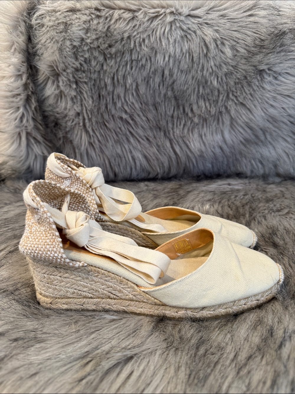 Castaner Cream Canvas Wedge Espadrilles with Ankle Ties Size 39